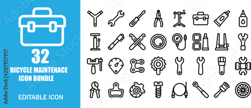 Foto Set of bicycle repair and maintenance tools icons in black and white Vector
