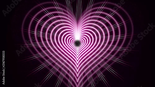 Abstract glowing heart shape pulsating with pink neon lights and radiating lines on dark background, seamless motion, romantic background footage for love stories.
