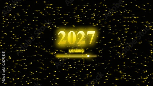 Golden year 2027 loading bar animation on black background with sparkling particles, concept of future new year celebration and countdown, digital progress.