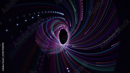 Abstract digital portal of glowing particle lines swirling into a black hole on dark background creating dynamic cinematic vortex for sci fi projects.