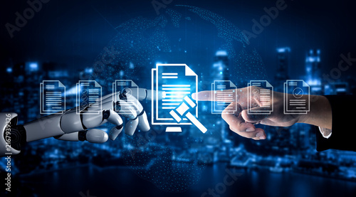 A captivating scene showcasing the interaction between a human hand and a robotic hand amidst digital document icons, symbolizing technology and communication in a futuristic setting. Ledger