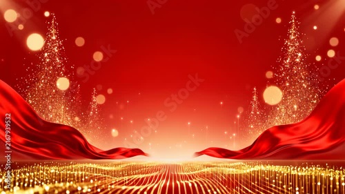 Festive red and gold holiday background with glowing lights and silk drapery for seasonal events
