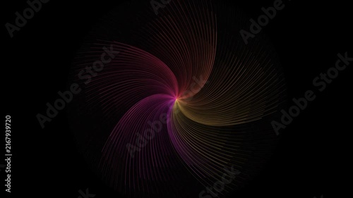Abstract spiral wave motion of vibrant pink and golden fiber optic lines rotating in a circular loop against a dark black background for digital motion graphics.