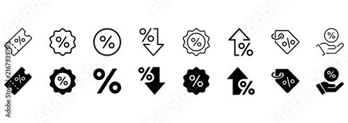 Set of discount and percentage icons, including coupon, price tag, and rate change symbols
