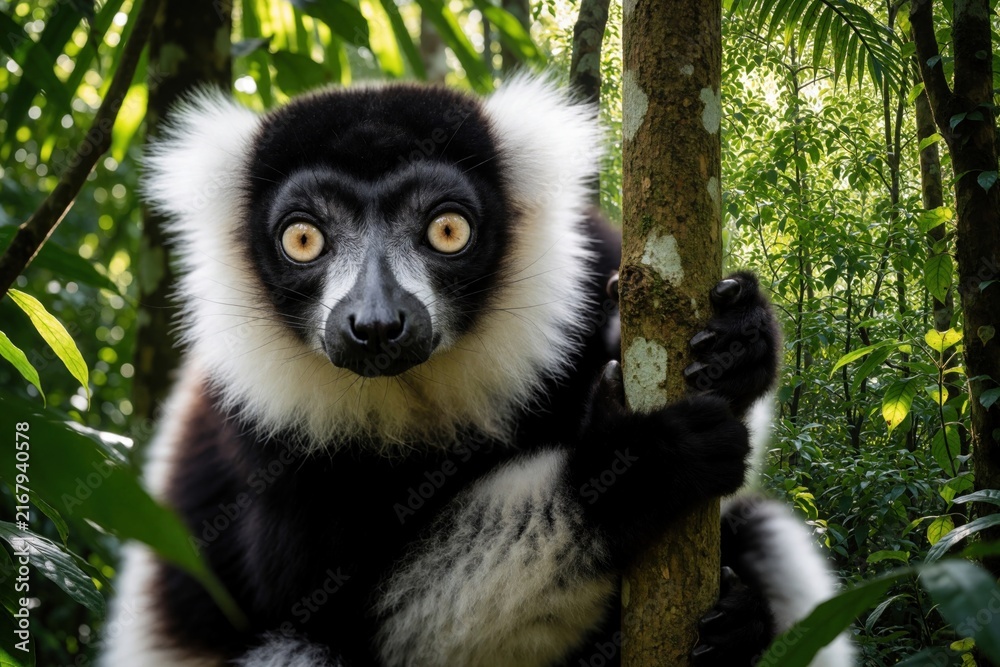 Naklejka premium Black and white ruffed lemur clings to tree trunk in lush green jungle. This primate with wide eyes looks directly at viewer in Madagascar habitat.