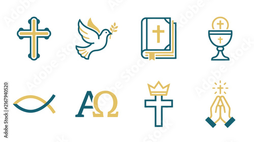 Christian Religion Icon Set in Flat Minimalist Style for Church Design