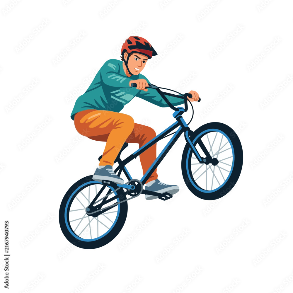 Fototapeta premium Young man performing a wheelie trick on a BMX bicycle isolated on transparent background