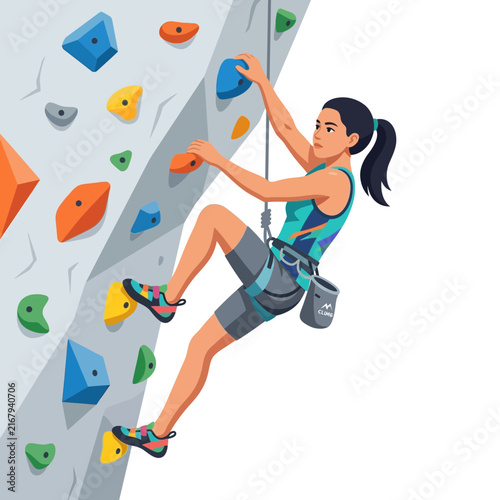 Young woman practicing indoor rock climbing on a bouldering wall at a gym