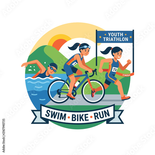 Young girls competing in youth triathlon swimming cycling and running race event