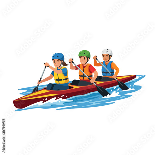 Three people in life jackets and helmets paddling a canoe on water for recreational sport