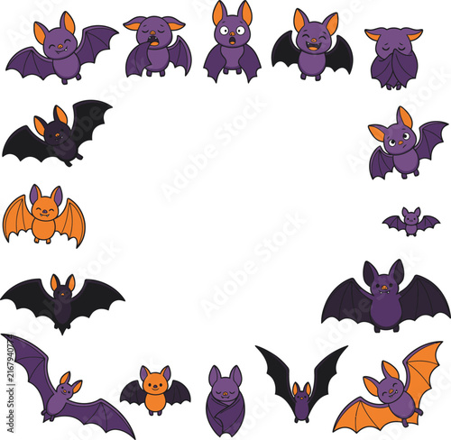 Cute cartoon bats flying in a circle on a white background with copy space for Halloween
