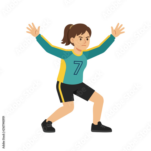Female athlete in a defensive stance wearing a teal jersey during a sports match