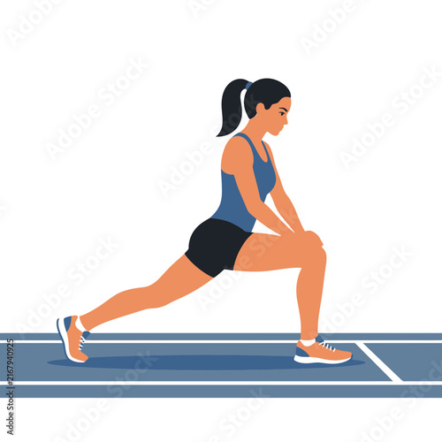 Woman athlete performing leg lunges on a running track for warm up exercise