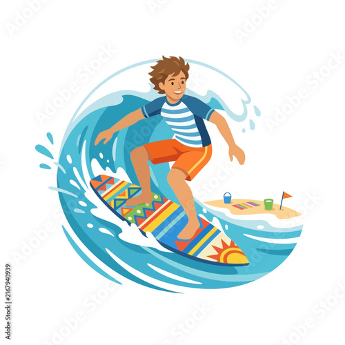 Young boy surfing on a large ocean wave at the beach during a sunny summer day