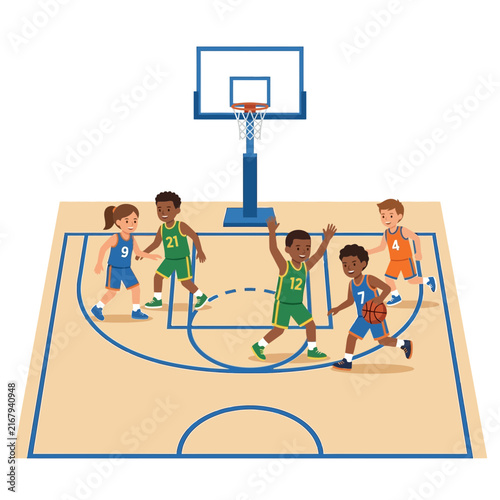 Children playing a basketball match on a court for sports training and exercise