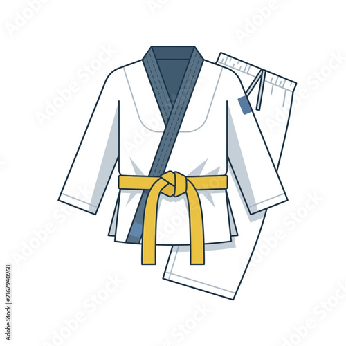 White martial arts uniform with yellow belt for training isolated on transparent background