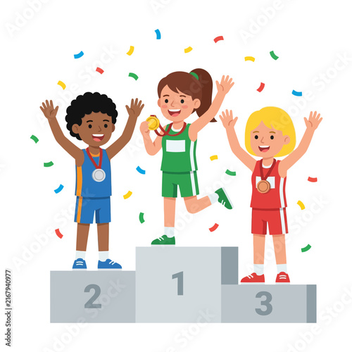 Diverse children athletes celebrating on a podium with medals after a sports competition