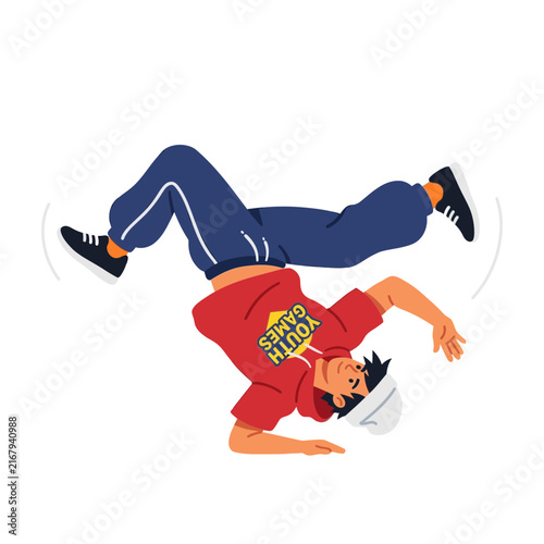 Male dancer performing breakdance headspin move isolated on transparent background