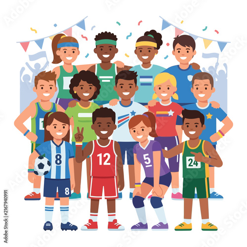 Diverse group of young athletes standing together for a team portrait after a sports competition.
