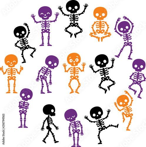 Cute cartoon skeletons scattered in a playful circle during Halloween celebration