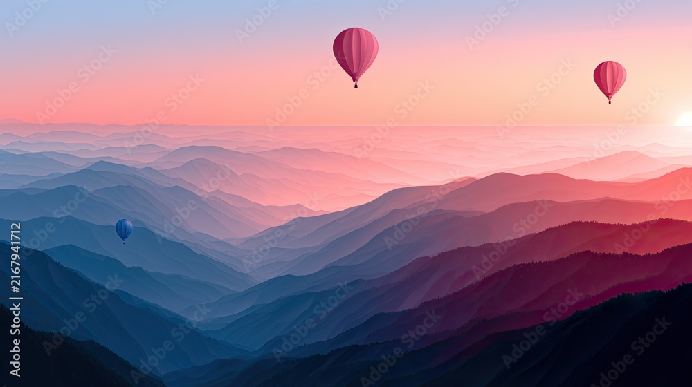 Fototapeta premium Colorful hot air balloons float serenely above layered, misty mountain ranges at dawn