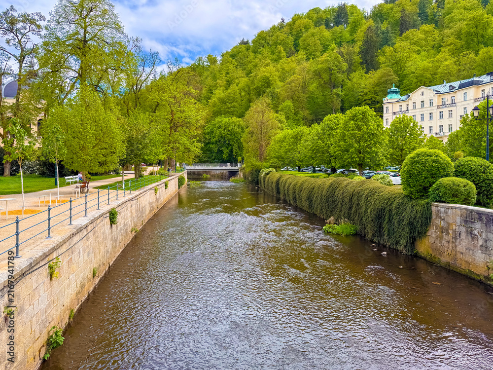 Fototapeta premium Karlovy Vary river flows through green trees and buildings in Czechia