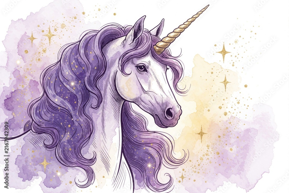 Fototapeta premium Graceful unicorn with flowing purple mane and golden horn. Sparkly stars and soft watercolor splashes create a magical, dreamy atmosphere. Elegant fantasy creature illustration for enchanting designs.