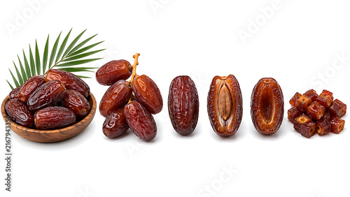 Fresh sweet dates with palm leaves on white background nutrition delicious isolated background ingredient vegetarian