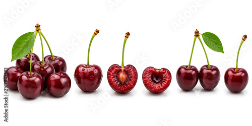 Fresh red cherries with stem and leaves isolated delicious ingredient botanical appetizing nutrition refreshment