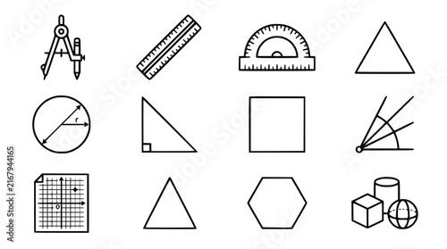 Geometric Shapes and Math Tools Icons Set, Isolated on Transparent Background