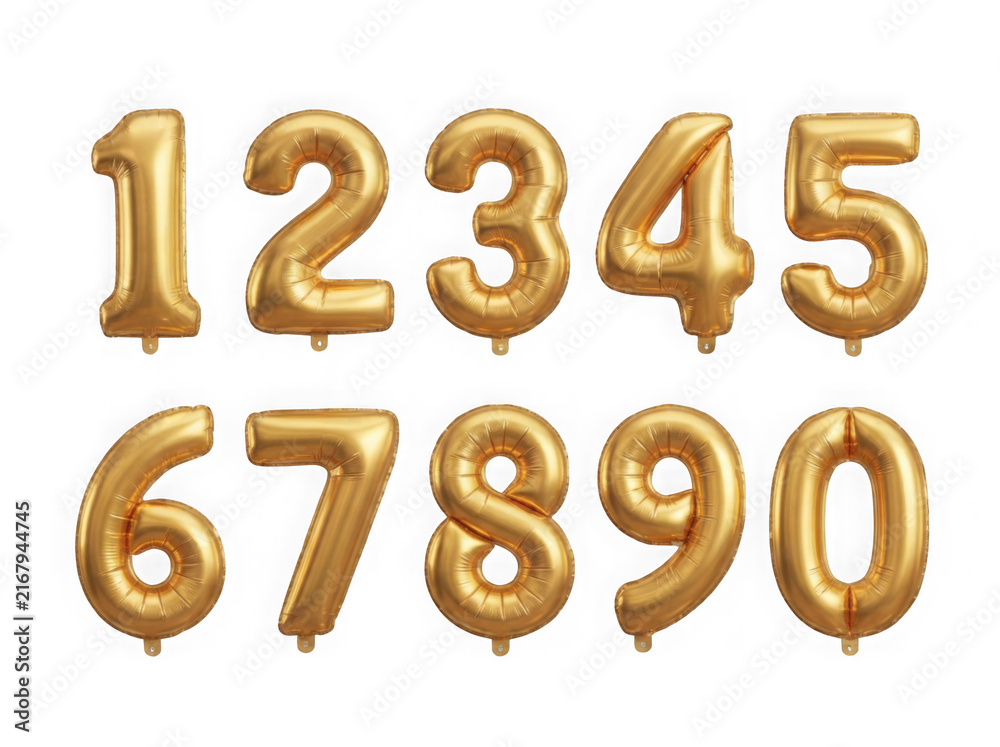 Obraz premium Set of shiny gold foil balloon numbers from zero to nine for celebration isolated on transparent background