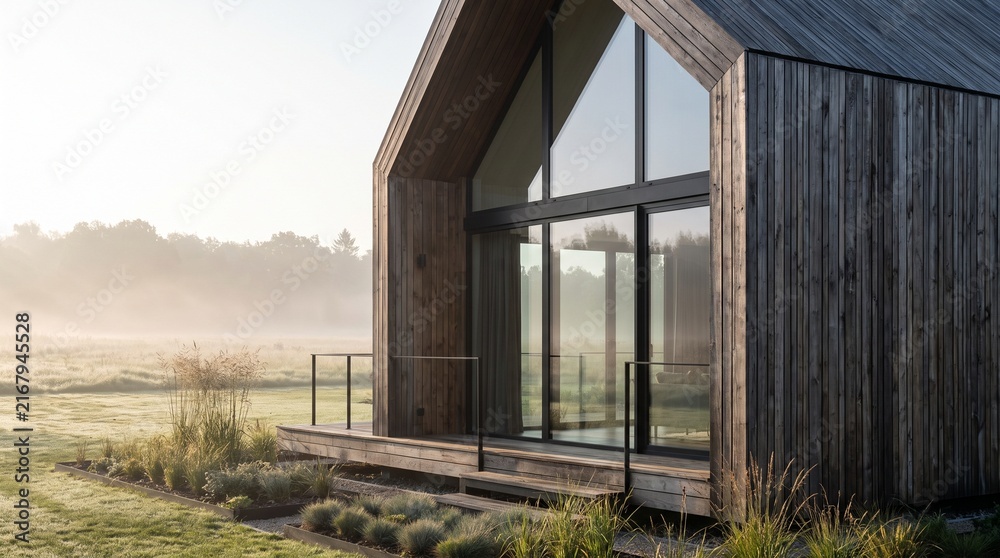 Fototapeta premium Modern minimalist A-frame house with panoramic triangular window