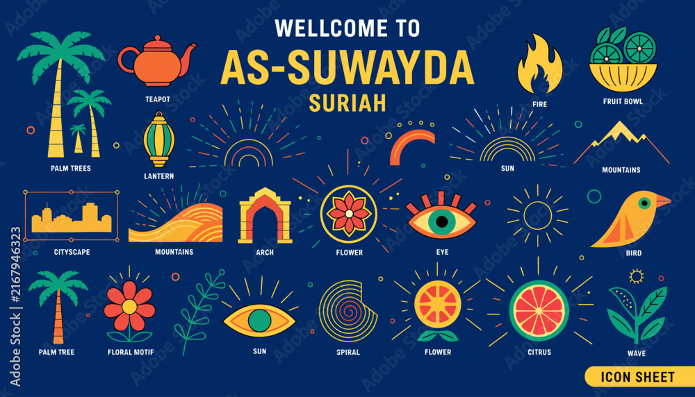 Naklejka premium As-Suwayda Syria Welcome Icon Sheet: Palm Trees, Tea, Fire, Fruit, Mountains, Cityscape, Eyes