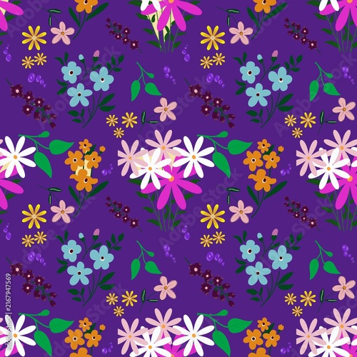 seamless floral pattern Vibrant wildflower seamless pattern with magenta daisies and blue forget-me-nots on dark purple background