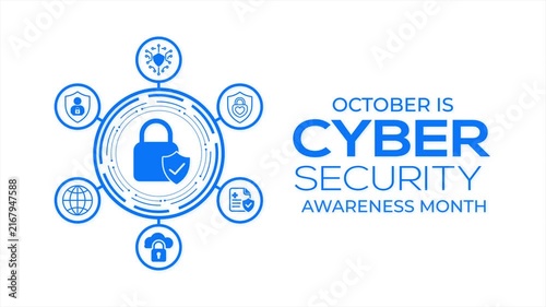 Cybersecurity Awareness Month animation featuring a digital lock, shield, network protection icons, and glowing blue security elements on a white technology background.