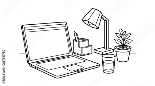 Minimalist line art illustration of a modern desk with a laptop, desk lamp, potted plant, and glass of water.