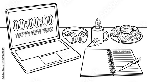 New Year's Eve celebration setup with laptop, headphones, coffee, donuts, and resolutions notebook
