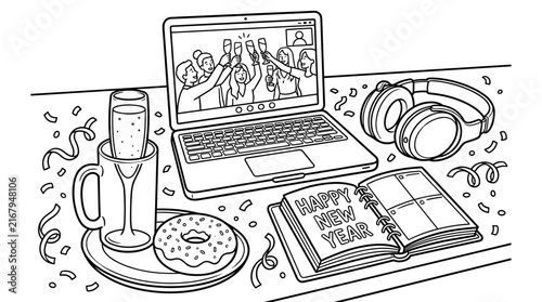 New Year's Eve celebration with virtual friends on laptop, champagne, donut, headphones, and planner