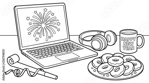 New Year's Eve celebration with laptop, fireworks on screen, donuts, mug, headphones, and party blower, line art