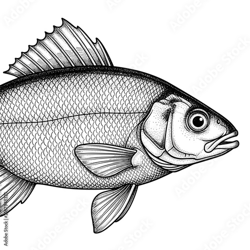 Detailed Black and White Sketch of a Perch Fish