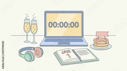 New Year's Eve remote work scene with laptop, champagne, headphones, calendar, and pancakes