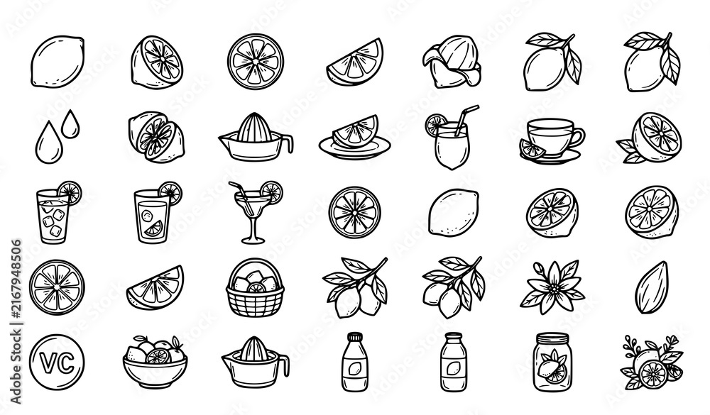 Obraz premium Lemon Citrus Fruit Lemonade and Vitamin C Thin Line Vector Icon Set