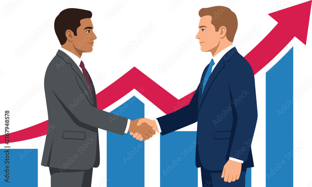 Fototapeta premium Business Partnership Illustration with Two Professionals Shaking Hands, Rising Growth Chart, Financial Success, Investment, and Corporate Strategy