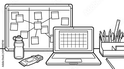 Task management board with sticky notes, laptop, water bottle, and pens on a desk, flat design illustration