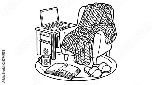 Cozy workspace with laptop, armchair, knit blanket, hot cocoa, book, and slippers, isolated on white background