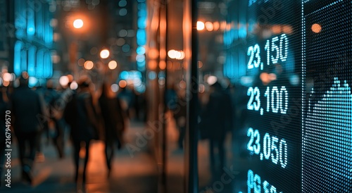 Blurred city street at night with glowing financial data display