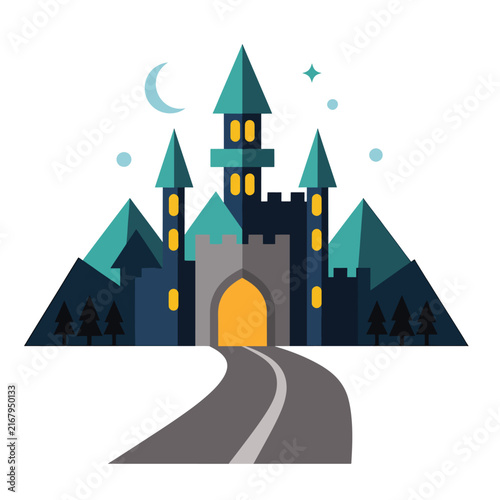 Colorful cartoon illustration of a castle with a glowing lantern.