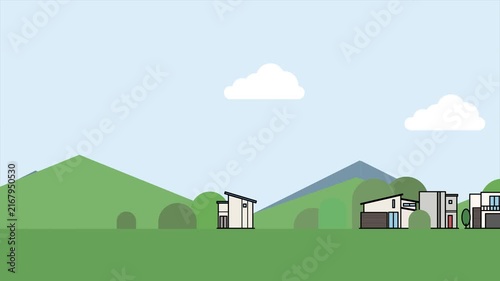 Residential Neighborhood with Mountains and Houses, Seamless Loop Animation Background