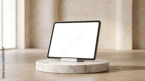Modern laptop on marble pedestal in warm beige room with wavy textured wall and natural light.