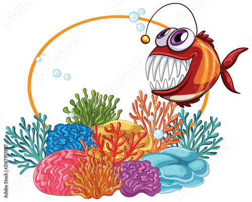 Cartoon Anglerfish Swimming Near Colorful Coral Reef With Round Frame